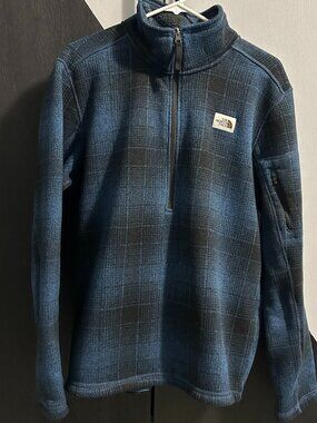North Face Blue/Black Plaid Sweater Fleece 1/2 Zip Pullover Men's Size L